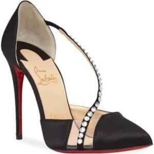 Christian Louboutin Black Satin Spiked Cross Strap Pointed Toe Pumps New